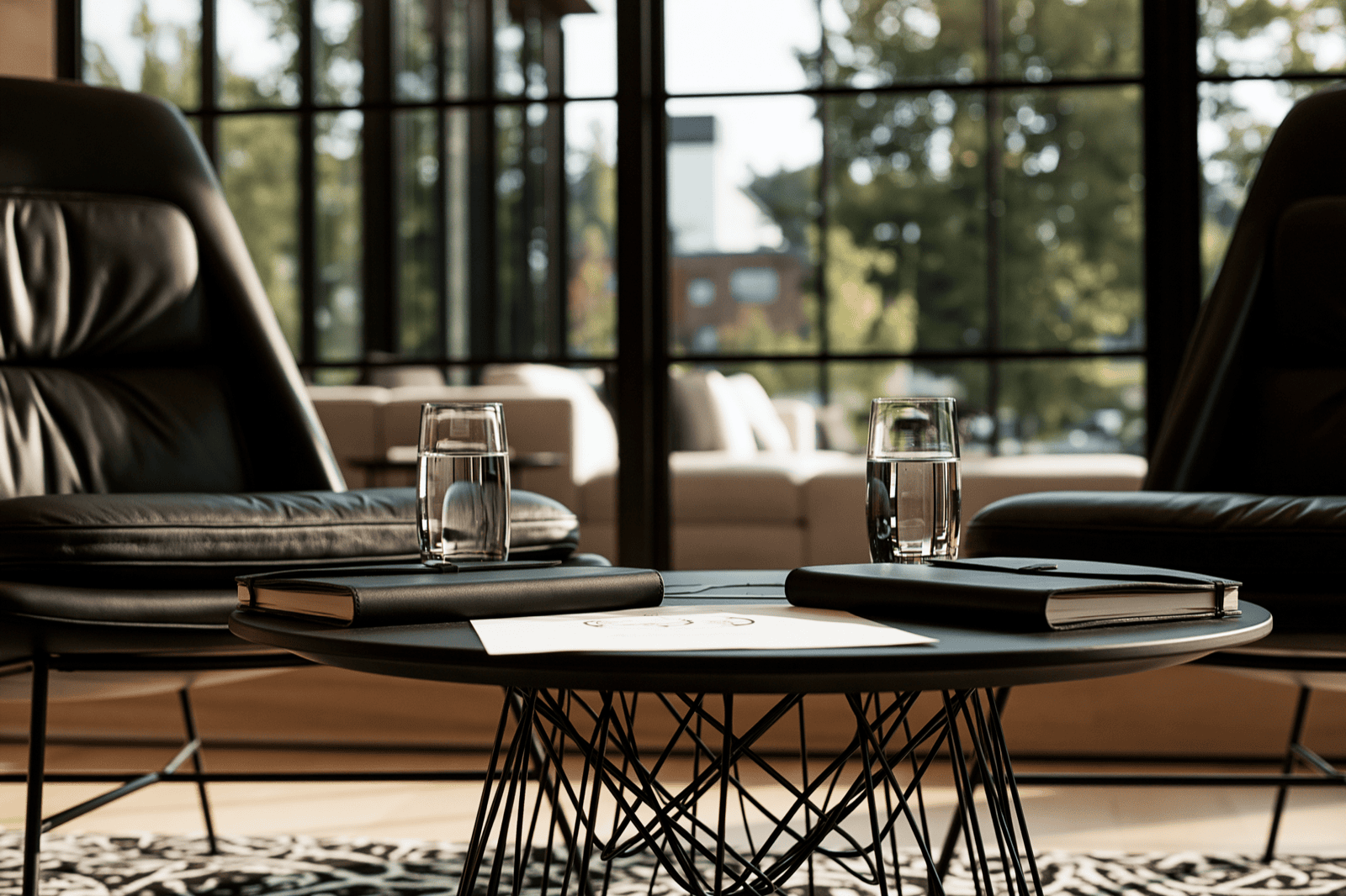 Two empty chairs facing each other across a small meeting table