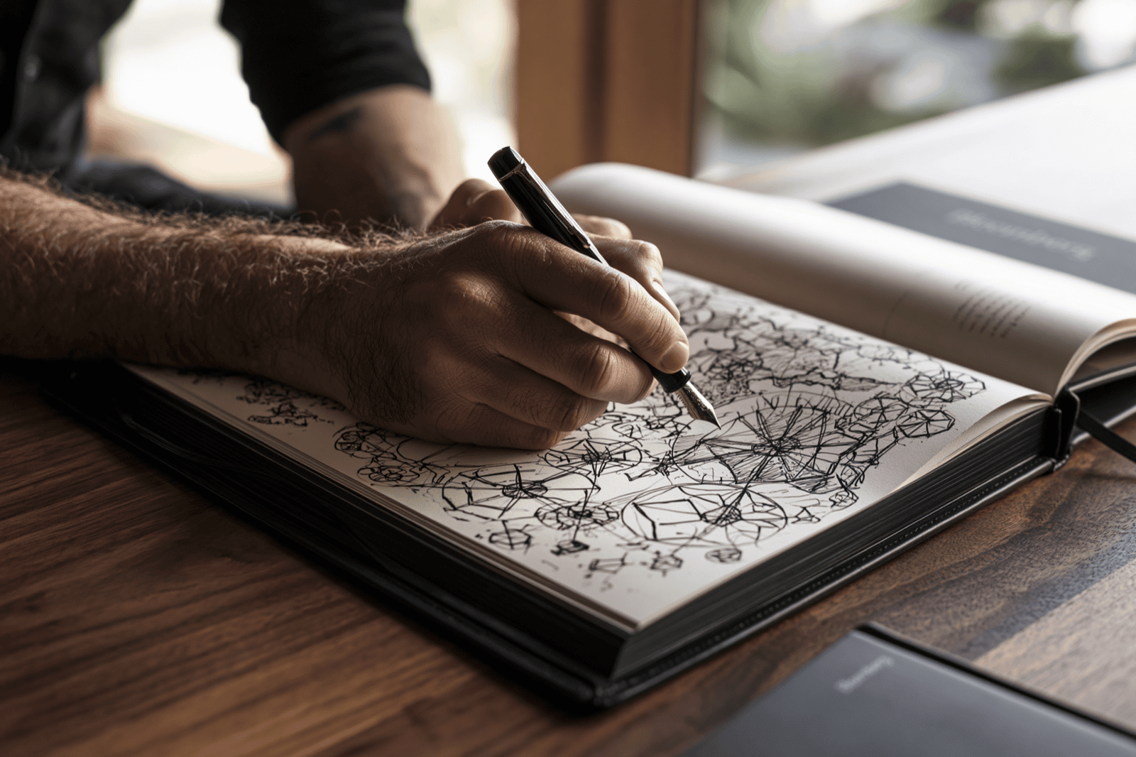 A hand sketching a system diagram in a notebook