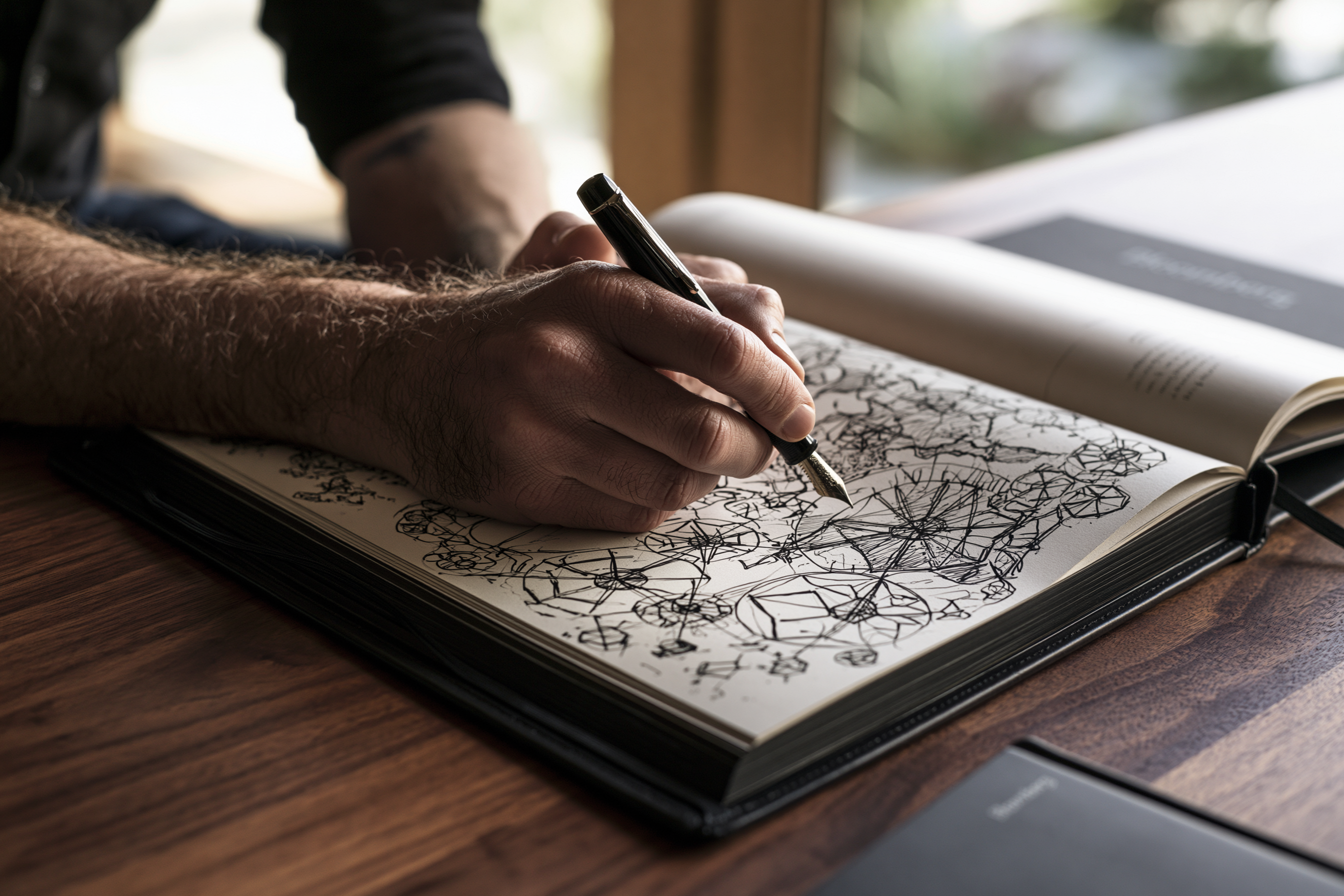 A hand sketching a system diagram in a notebook